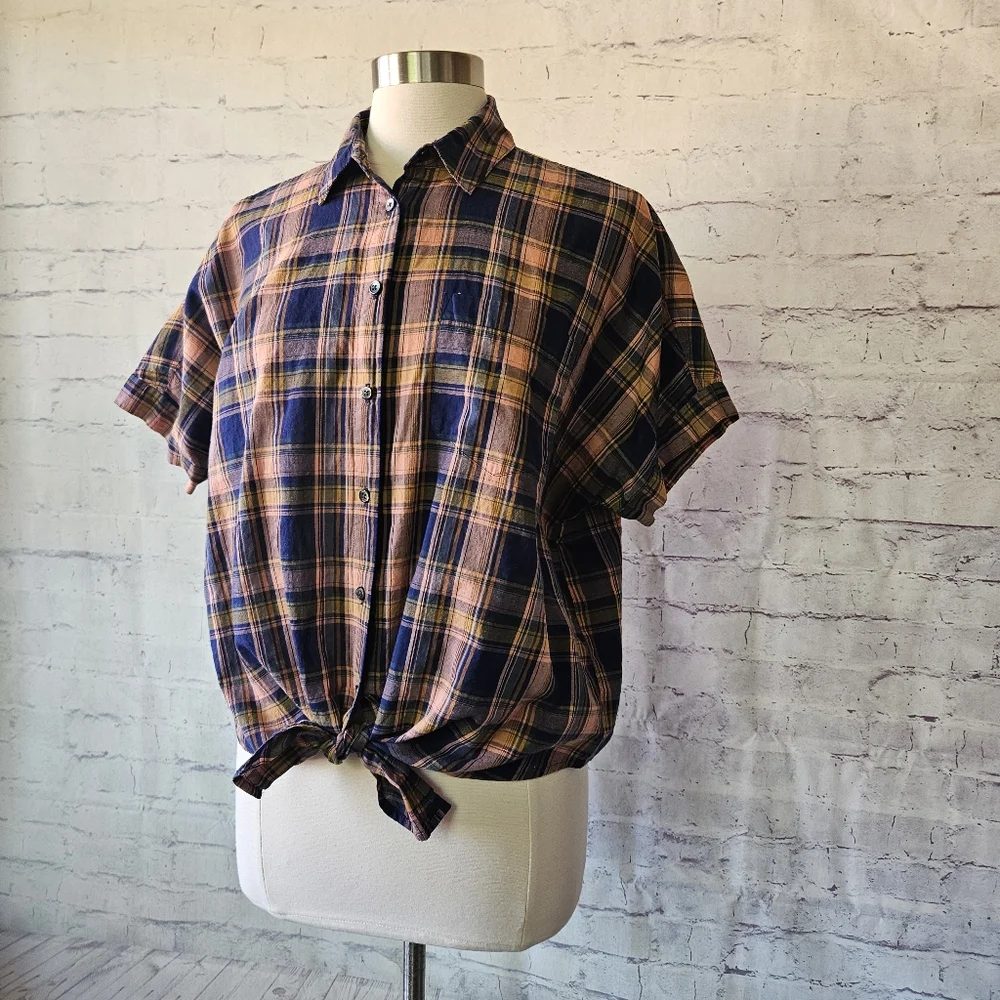 Madewell Plaid Tie Hem Button Front Short Sleeve Shirt Navy Blue Peach Medium - Picture 2 of 12